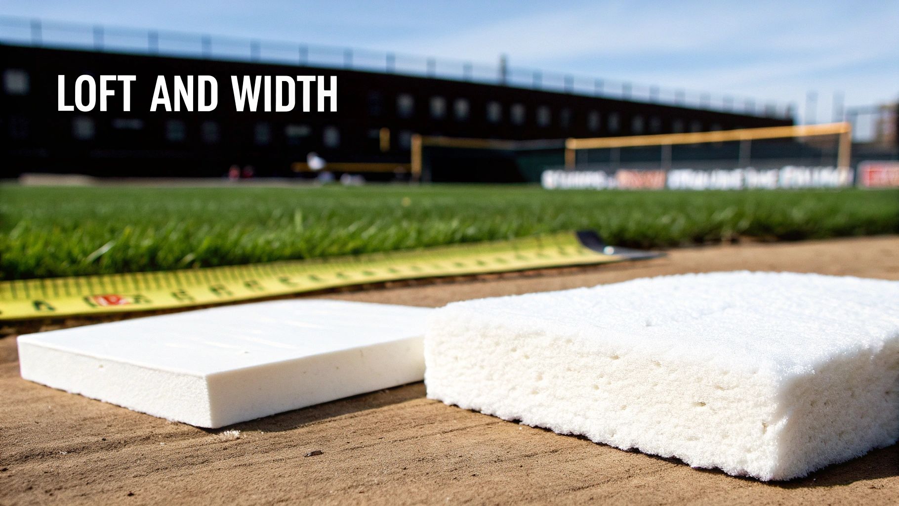 Two samples of white quilt batting, showing different loft and width, on a baseball field.