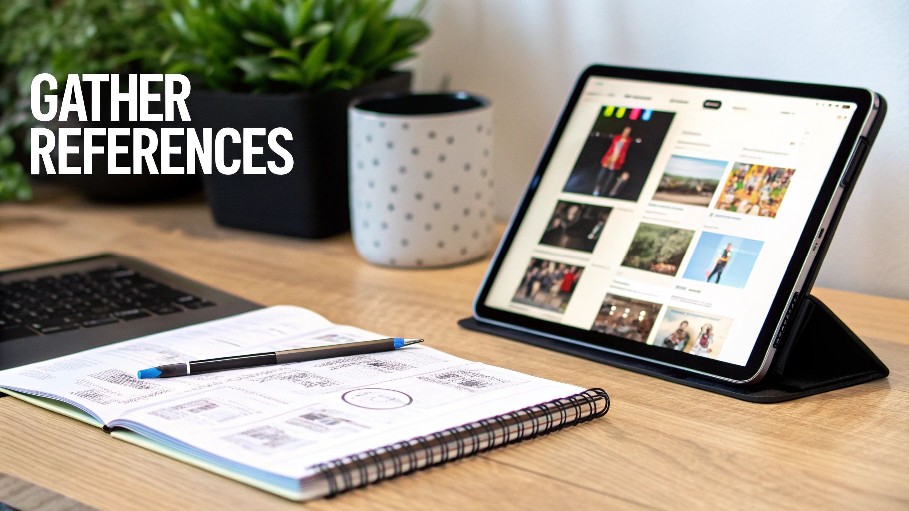 A desk with a laptop, open notebook, pen, and a tablet displaying images, with 'GATHER REFERENCES' text.