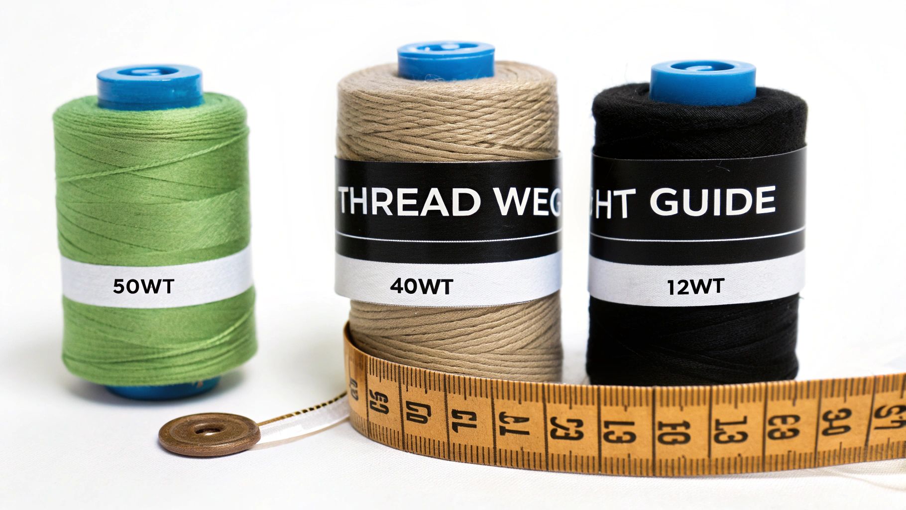 A close-up shot of various spools of thread, showcasing different thicknesses and colors.