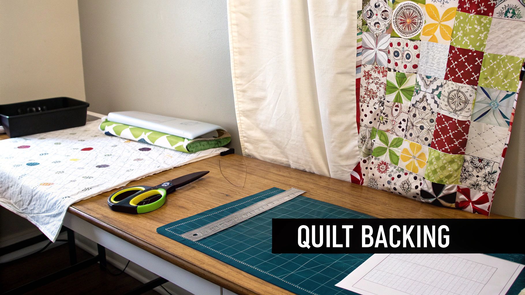 A crafting table with a colorful quilt top, scissors, a cutting mat, and folded fabric.