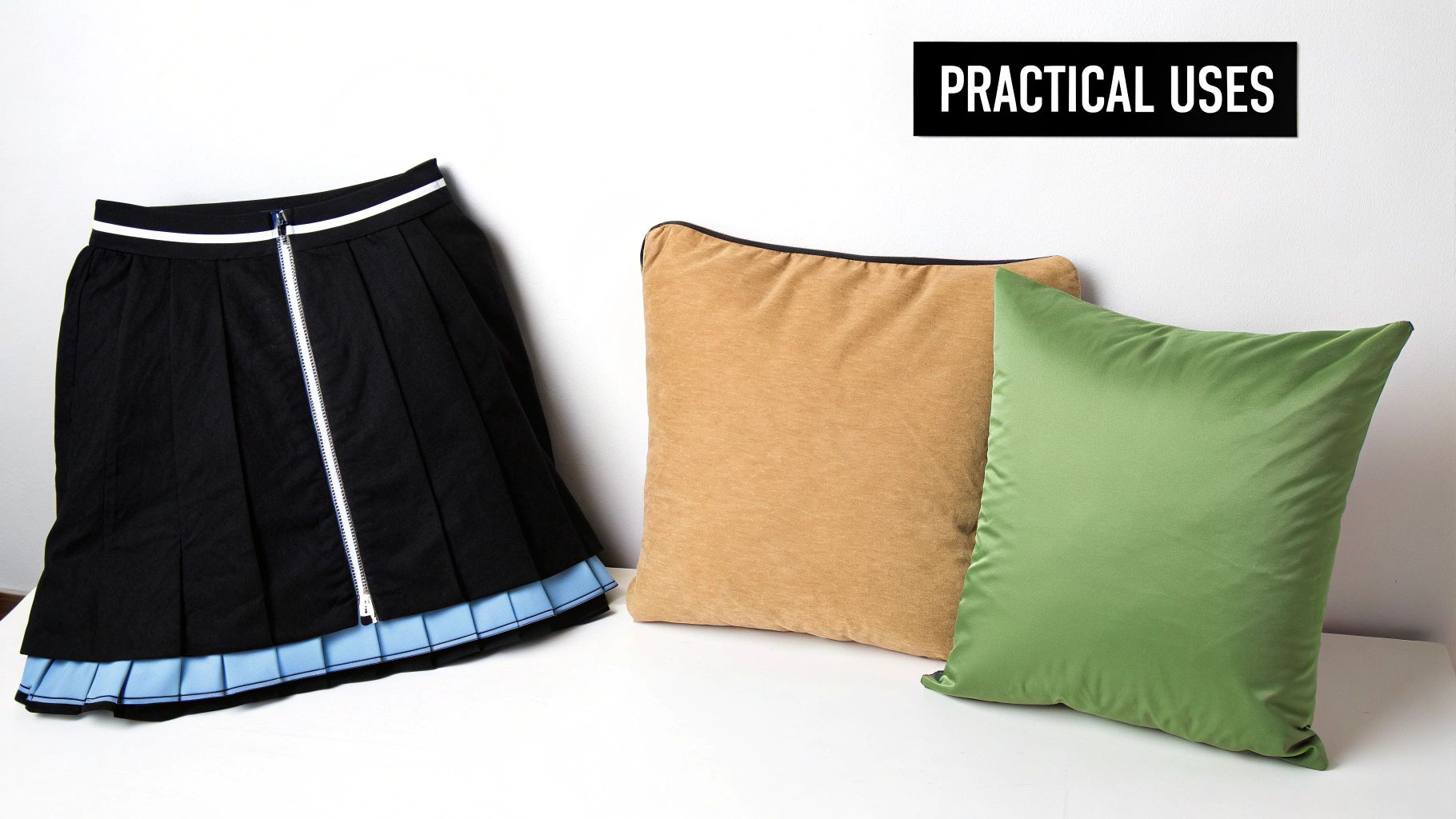 Black pleated skirt with a zipper, tan and green pillows on a white surface.