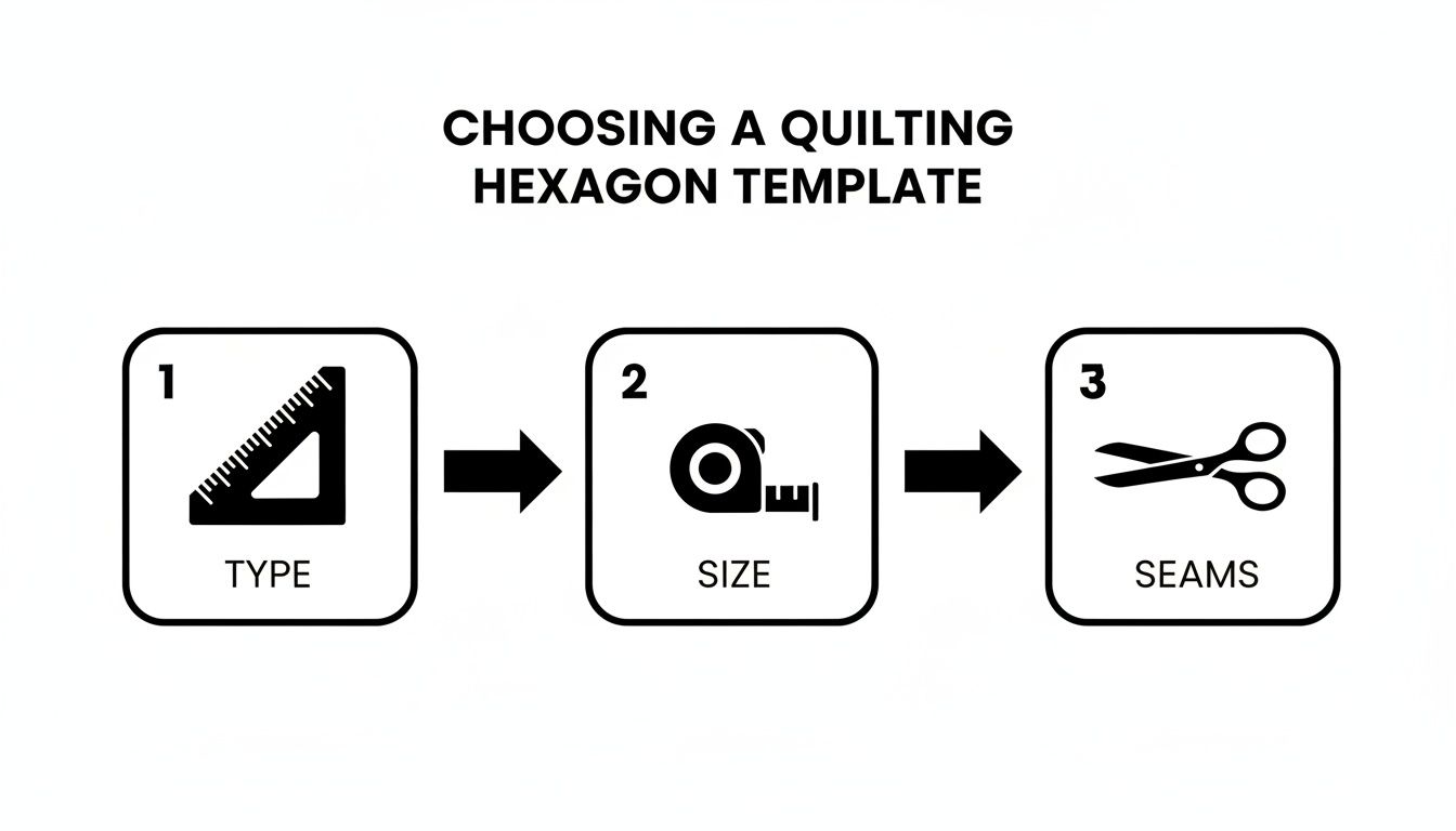 Flowchart illustrating three steps for choosing a quilting hexagon template: type, size, and seams.