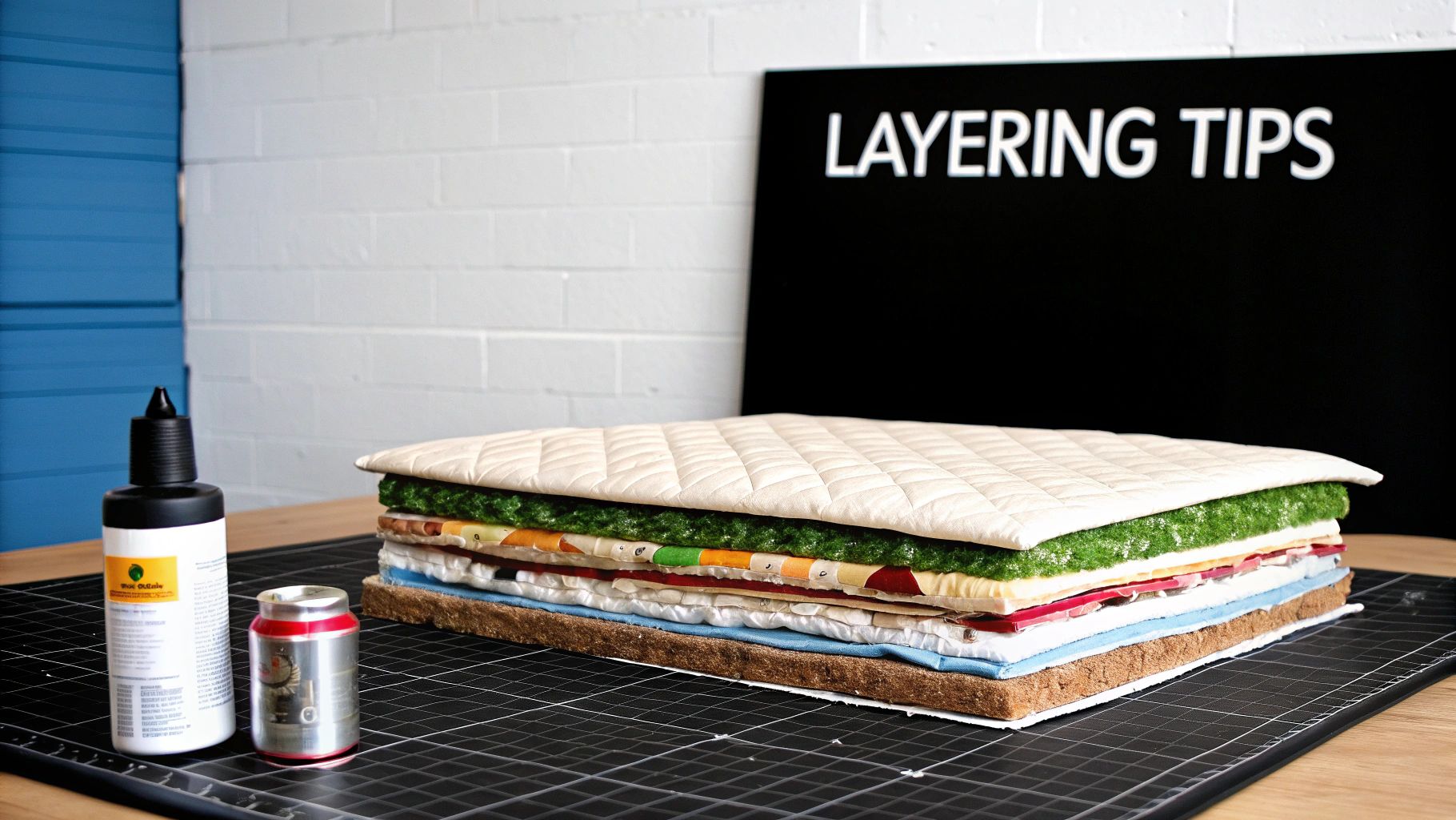 A detailed cross-section of a multi-layered craft project on a cutting mat, with "LAYERING TIPS" in the background.