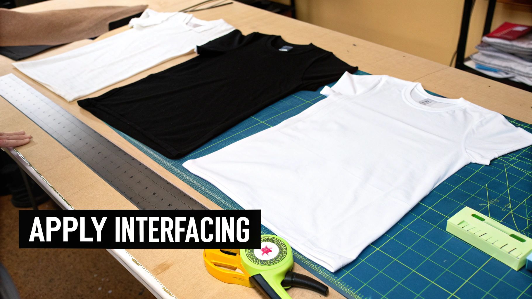 Three t-shirts laid on a crafting table with a ruler and tools, showing "APPLY INTERFACING" text.
