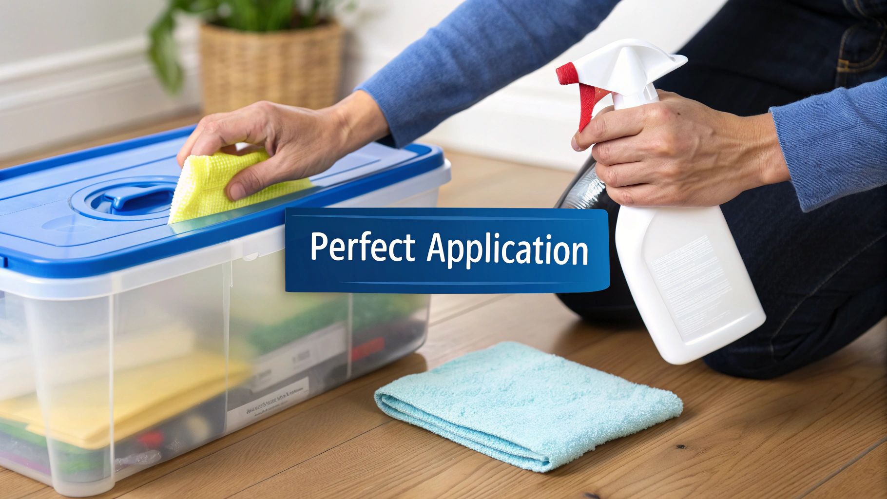 A person uses a yellow sponge to clean a blue-lidded clear plastic storage box, with a spray bottle nearby.