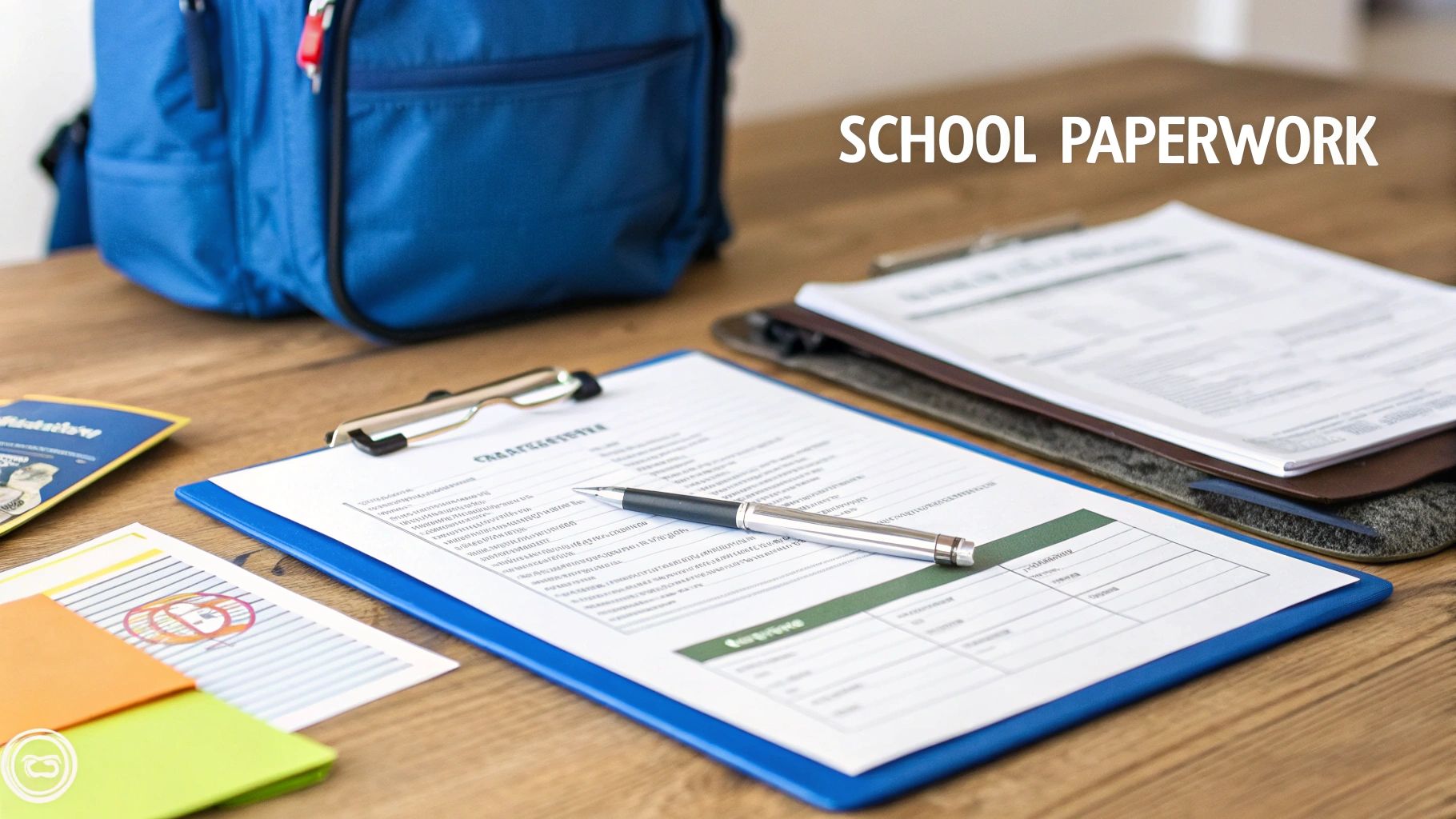 A pen rests on school paperwork on a clipboard, with a blue backpack and other documents.