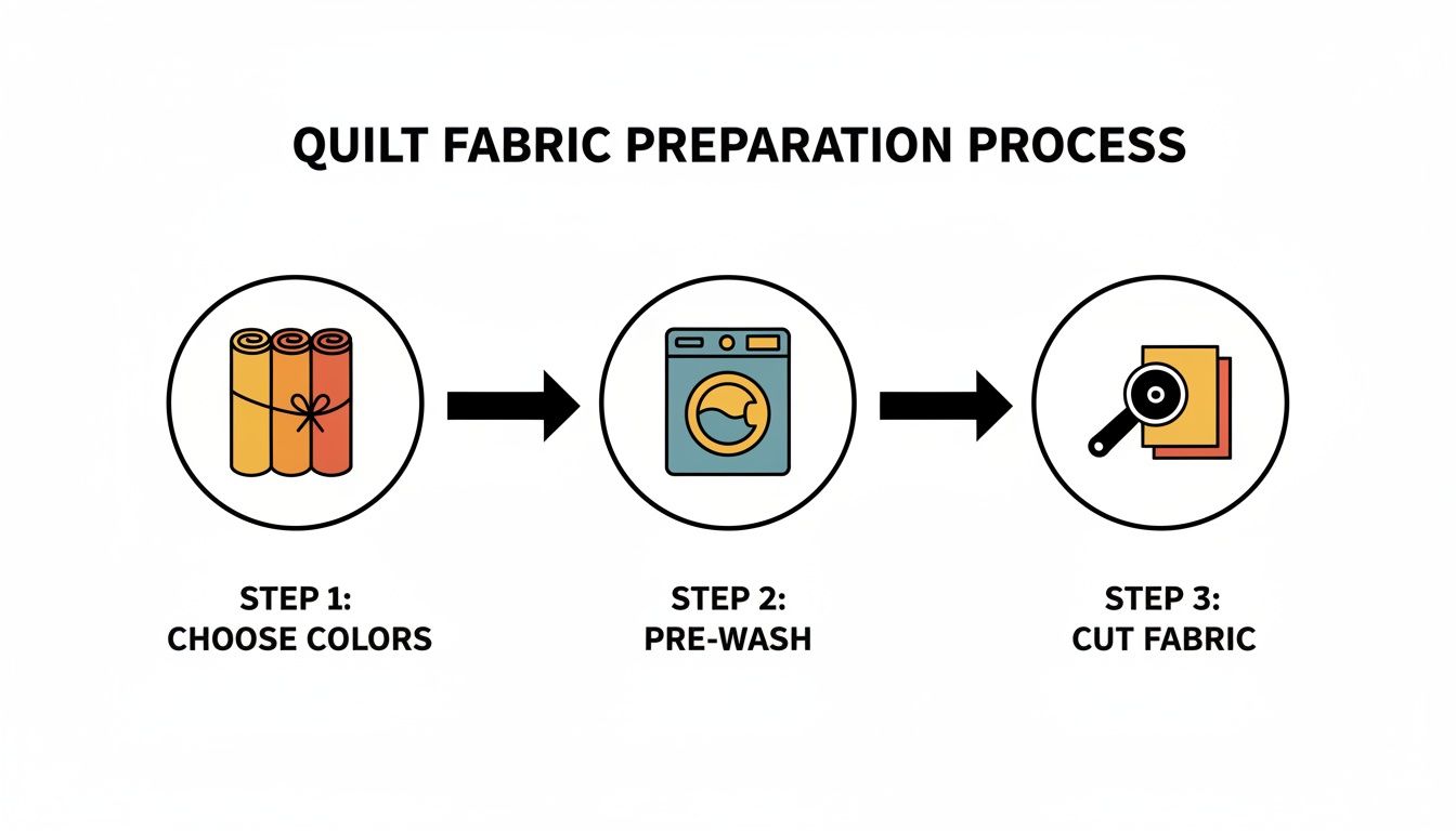 A three-step infographic showing the quilt fabric preparation process: choose colors, pre-wash, and cut fabric.
