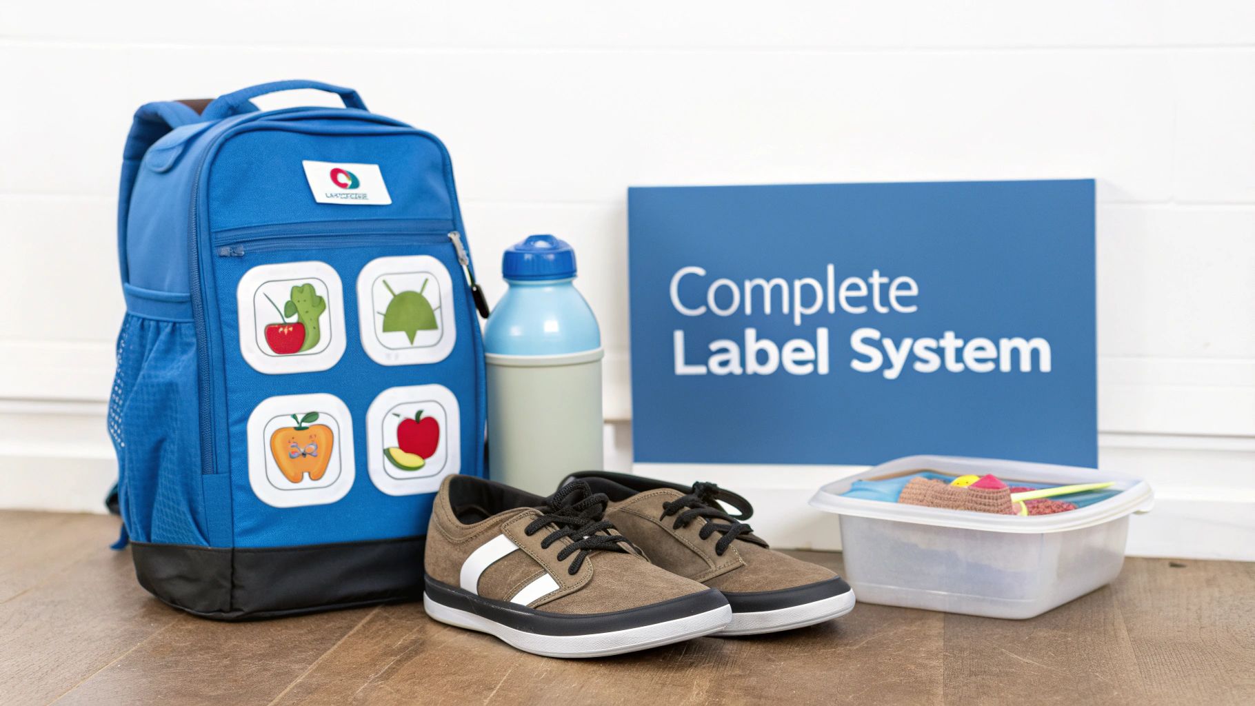 A blue backpack with food labels, water bottle, sneakers, and craft box, promoting a complete label system.