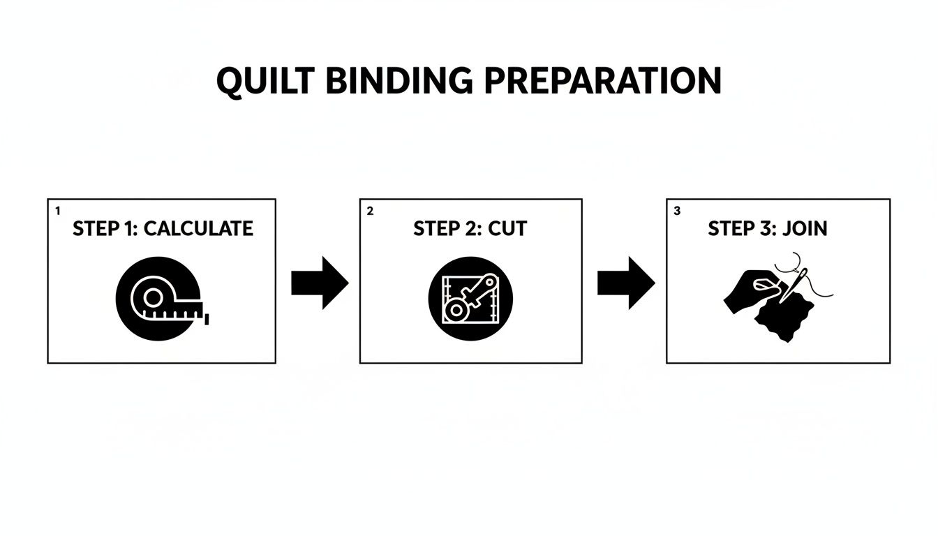 A three-step infographic on quilt binding preparation: calculate using a measuring tape, cut fabric with a rotary cutter, and join pieces with needle and thread.