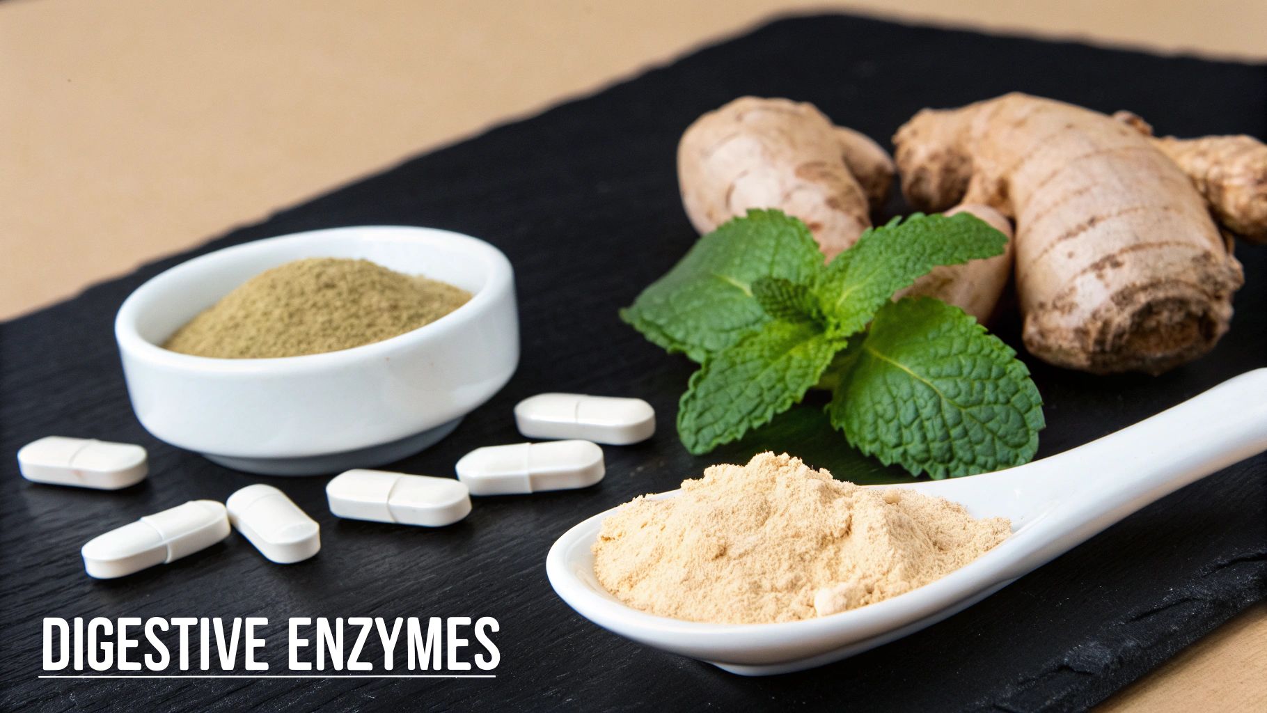 Natural digestive supplements including ginger, mint, powders, and enzyme pills on a dark surface.