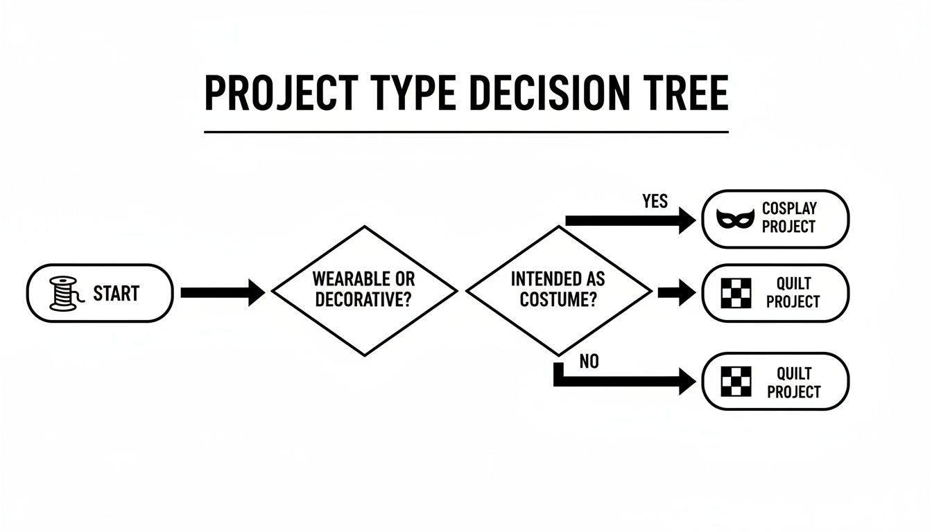 A flowchart decision tree for sewing projects, categorizing them into cosplay or quilt projects.