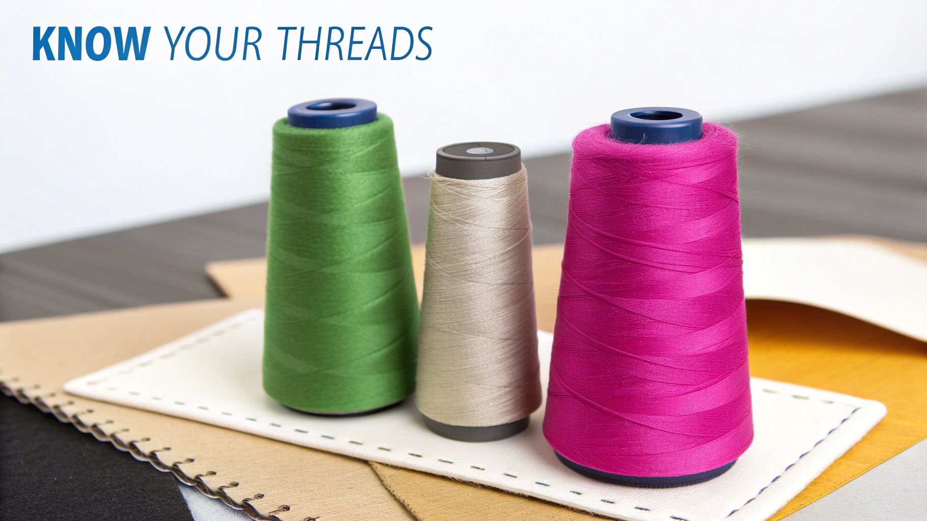 Three colorful spools of sewing thread (green, beige, fuchsia) on fabric samples, with 'Know Your Threads' text.