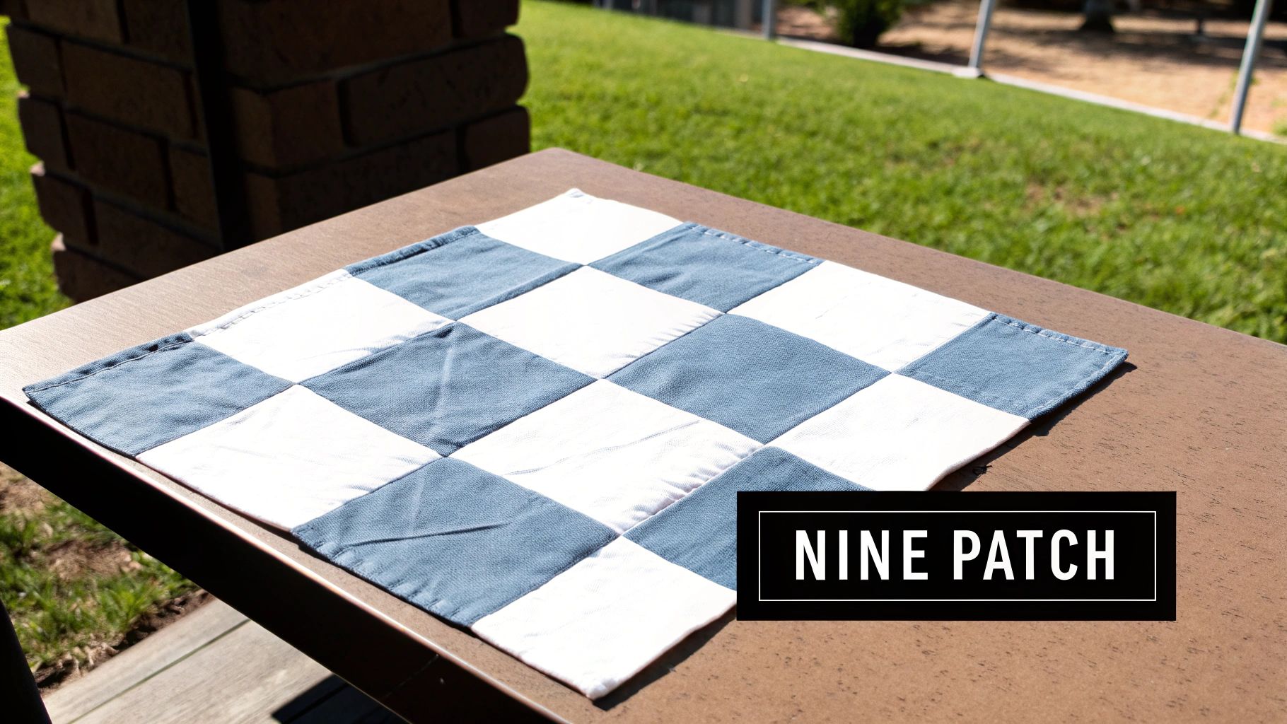A blue and white nine-patch quilt block sits on an outdoor table with green grass in the background.