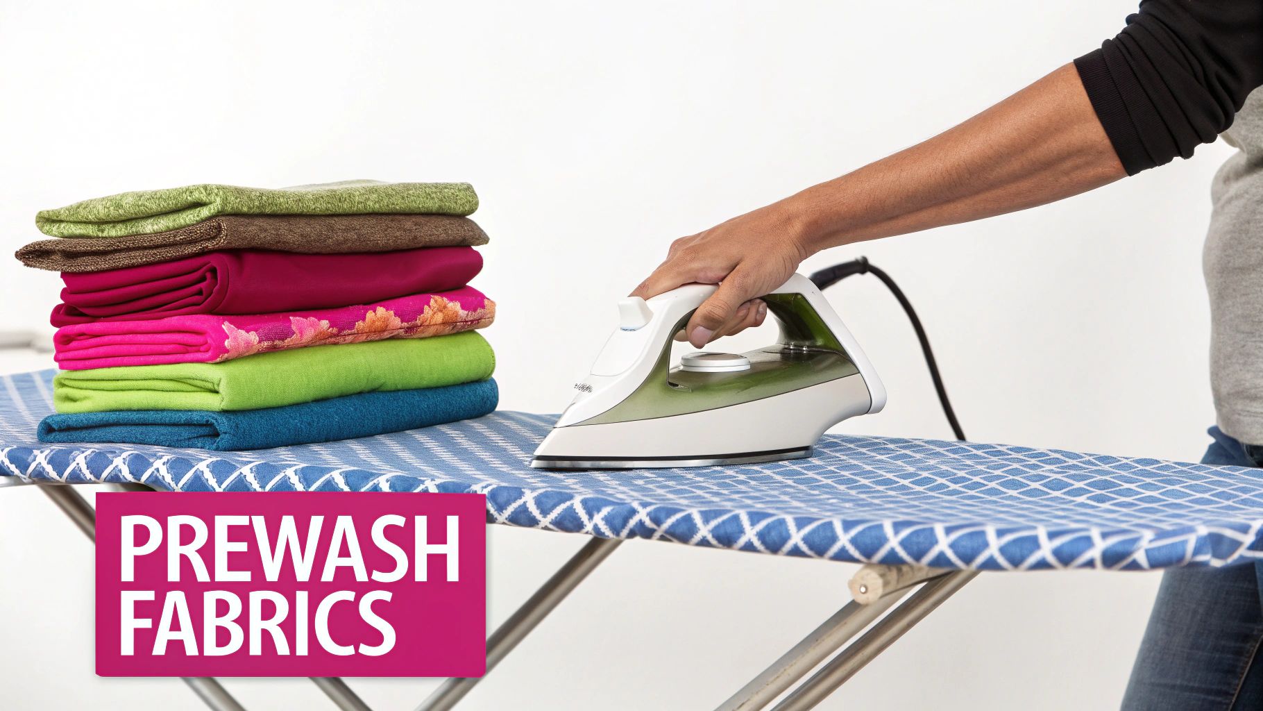 A person irons patterned fabric on an ironing board, beside a stack of colorful textiles. Text 'PREWASH FABRICS'.