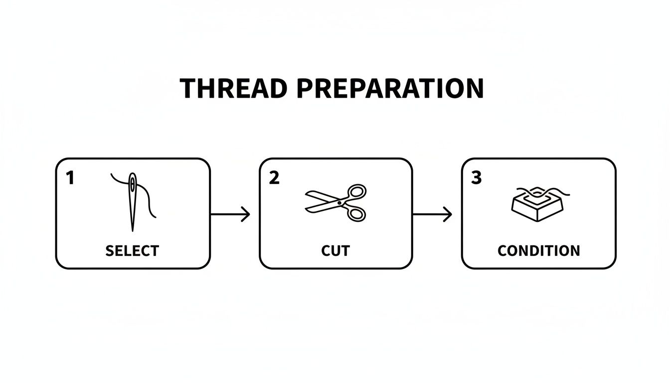 Flowchart illustrating three essential steps for preparing embroidery thread: select, cut, and condition.