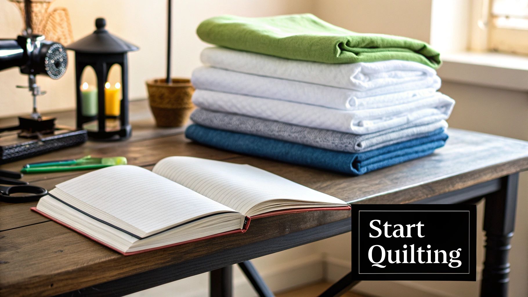 A craft table with a sewing machine, open notebook, and a stack of colorful quilting fabrics.
