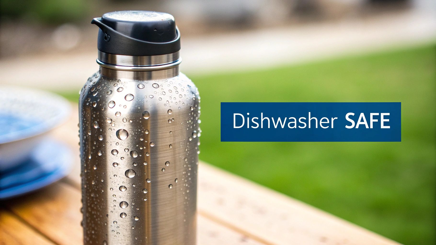 A stainless steel water bottle with water droplets on a wooden table, featuring a 'Dishwasher SAFE' banner.