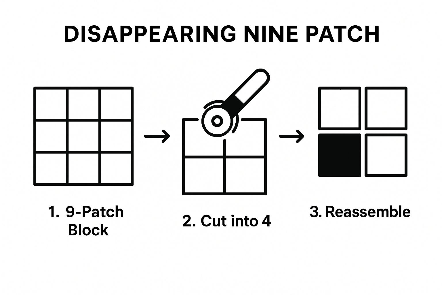 Infographic showing the three steps of the Disappearing Nine Patch technique: creating a 9-patch block, cutting it into four, and reassembling the pieces.