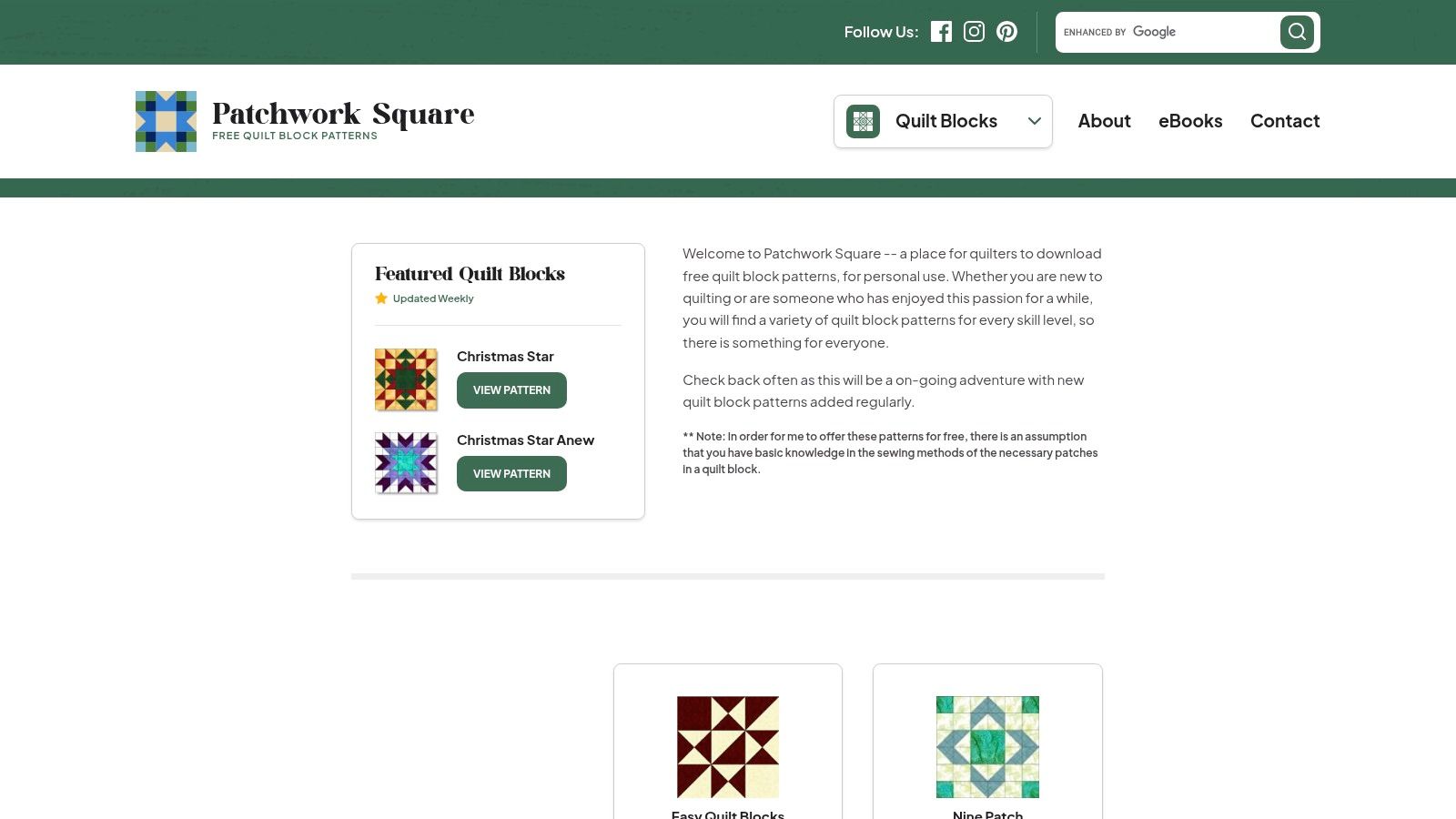 A grid of classic quilt blocks from the Patchwork Square website