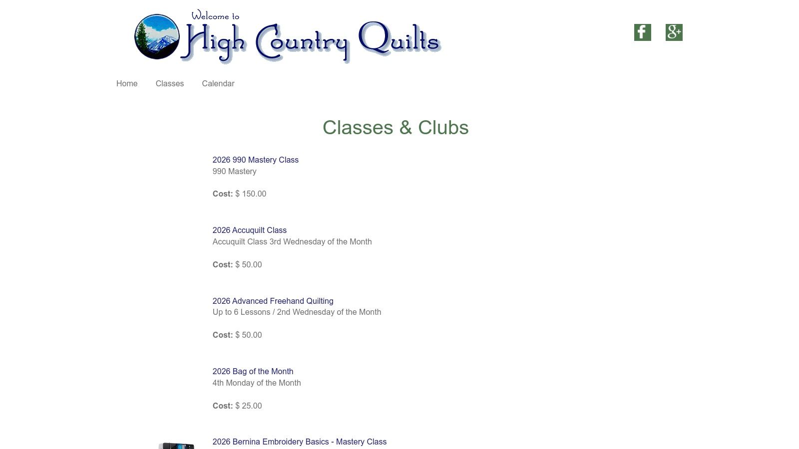 A screenshot of the High Country Quilts website showing a grid of available sewing and quilting classes with images and titles.