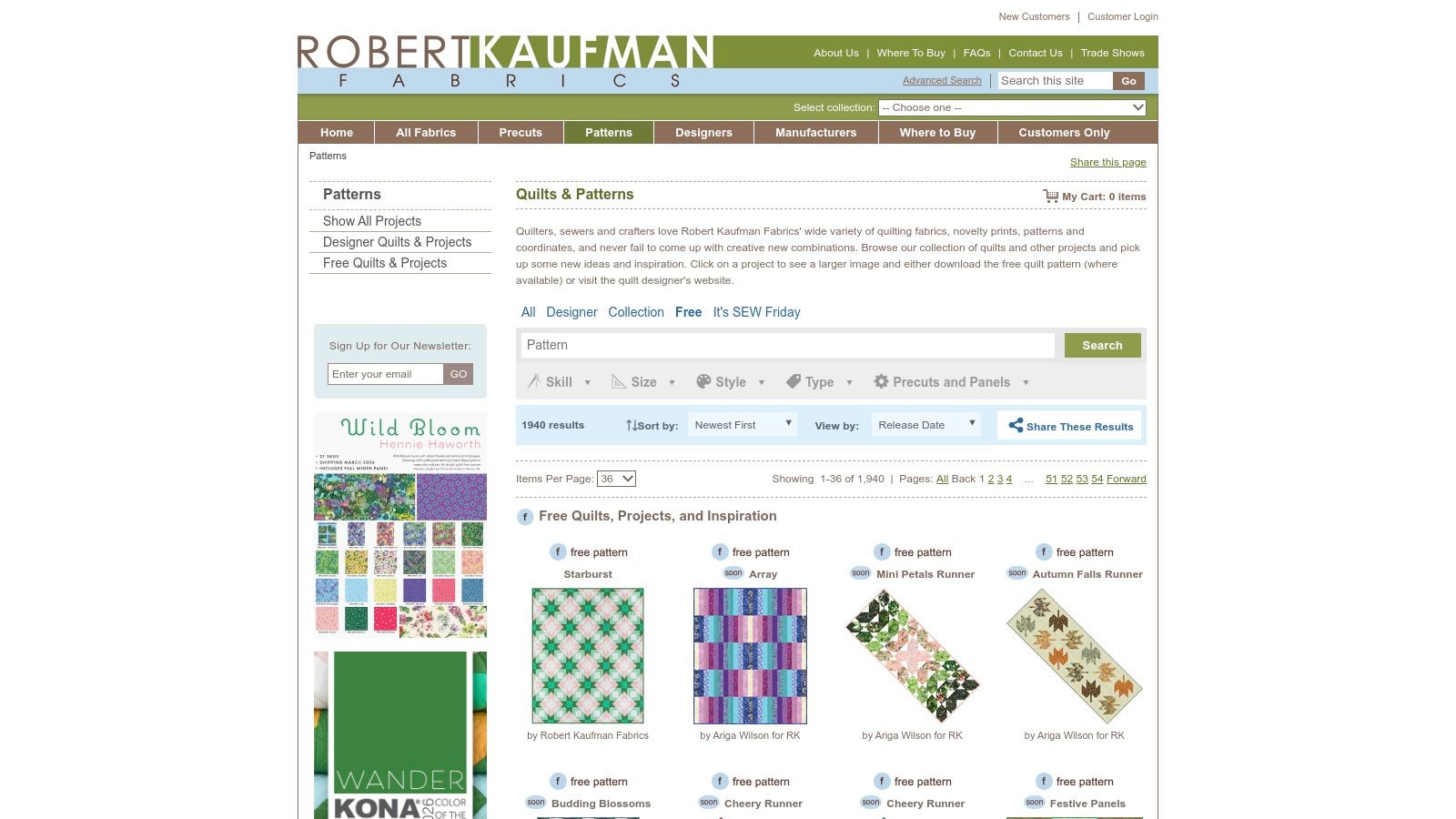 A grid of modern, colorful quilt patterns from the Robert Kaufman Fabrics website
