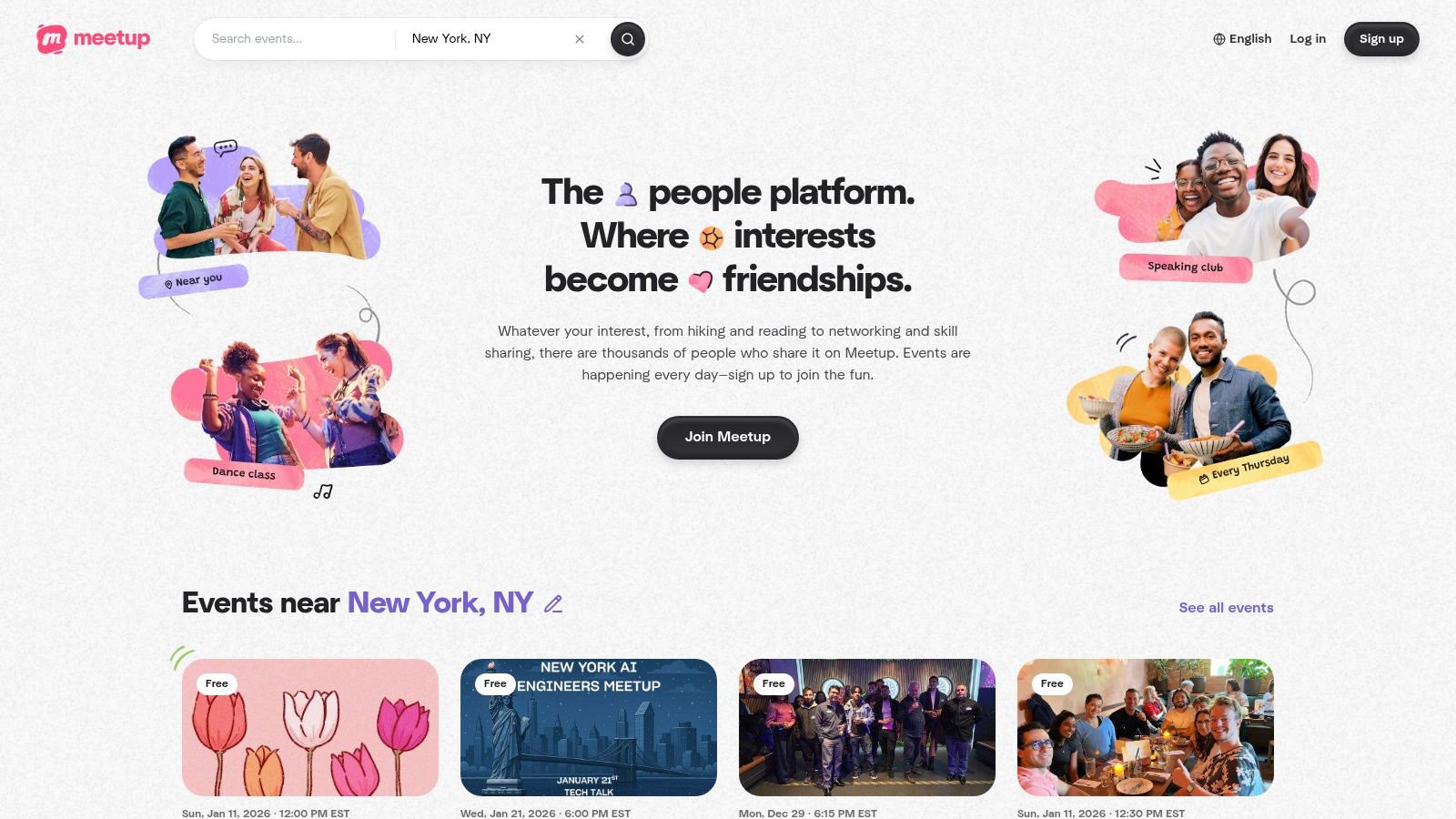 A screenshot of the Meetup website homepage, showing various community event cards.
