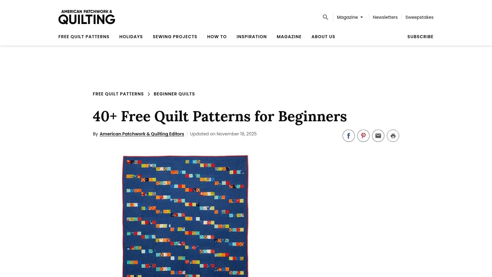 AllPeopleQuilt website showing a collection of free beginner-friendly quilt patterns.