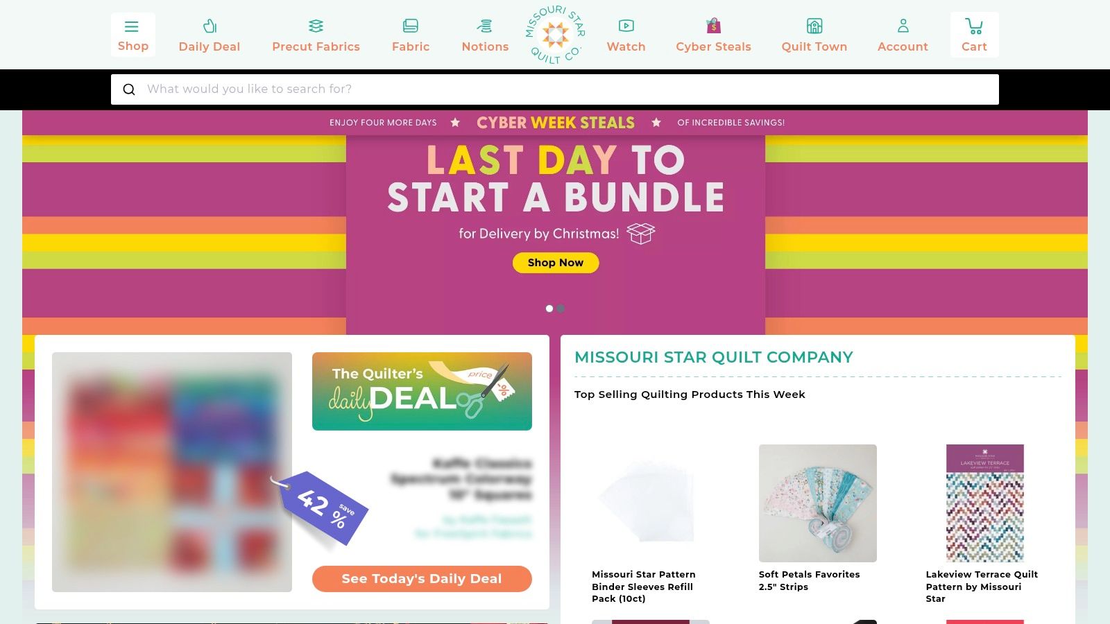 A screenshot of the Missouri Star Quilt Company homepage, featuring colorful quilt displays and promotional banners.