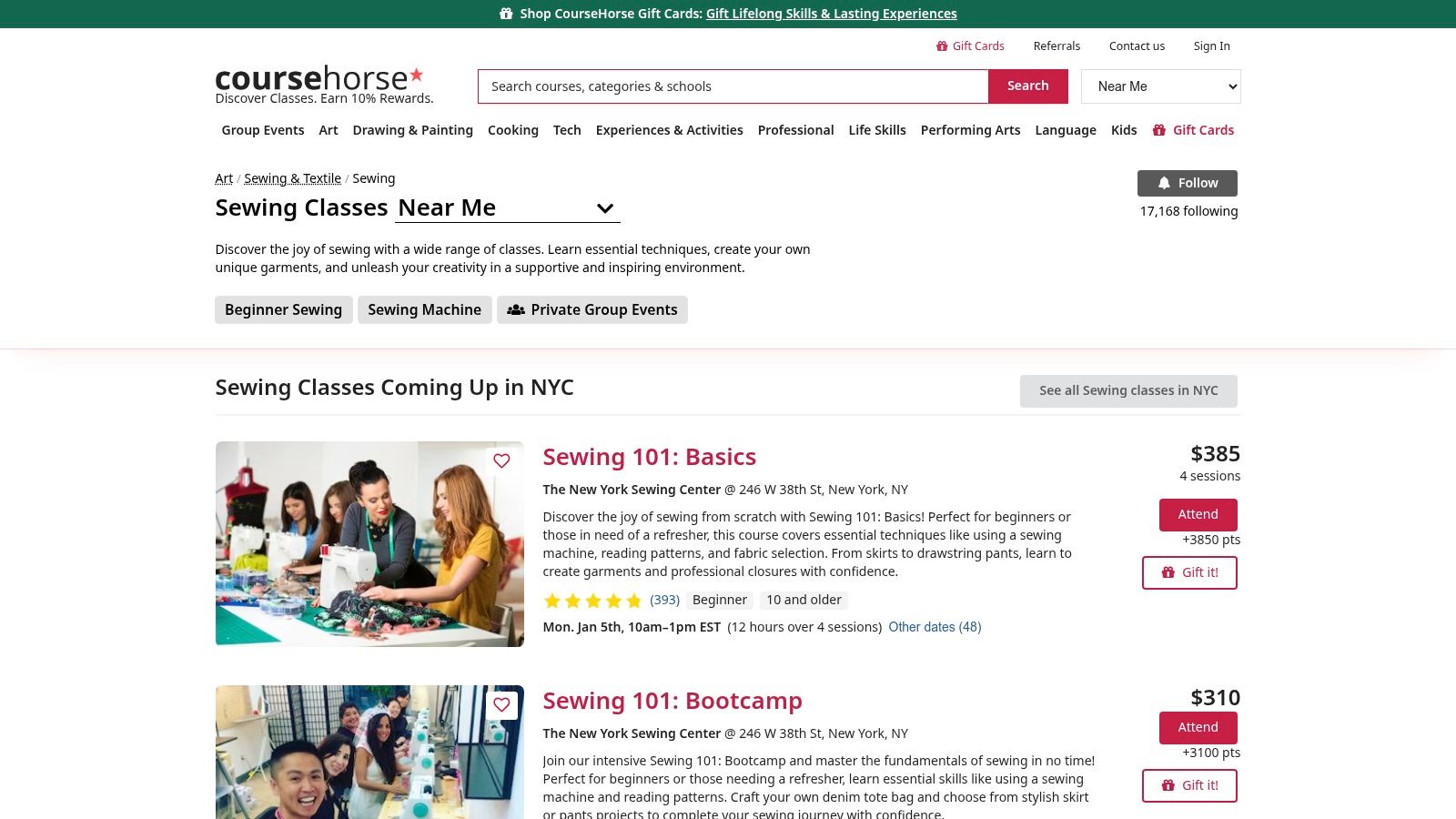 The CourseHorse website interface showing a list of available sewing classes, demonstrating its use as a course aggregator.