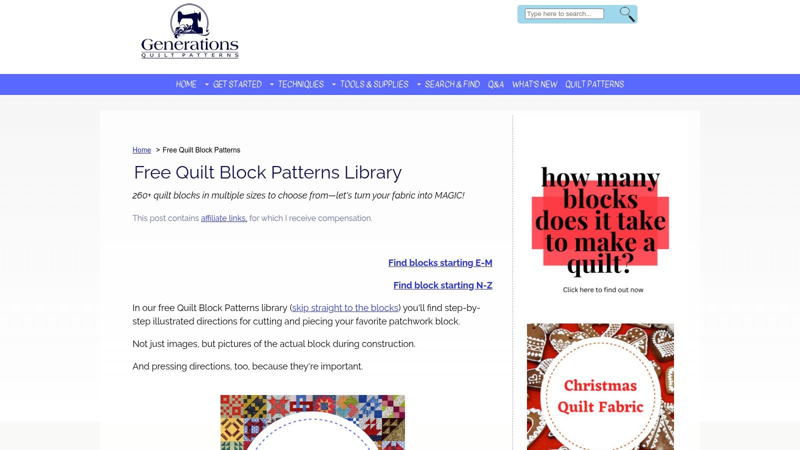 A collage of quilt blocks available on the Generations Quilt Patterns website