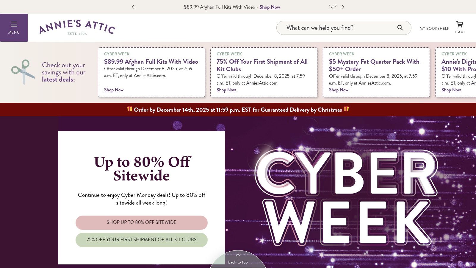 A screenshot of the Annie's (Annie’s Attic) website showcasing a quilt pattern kit.