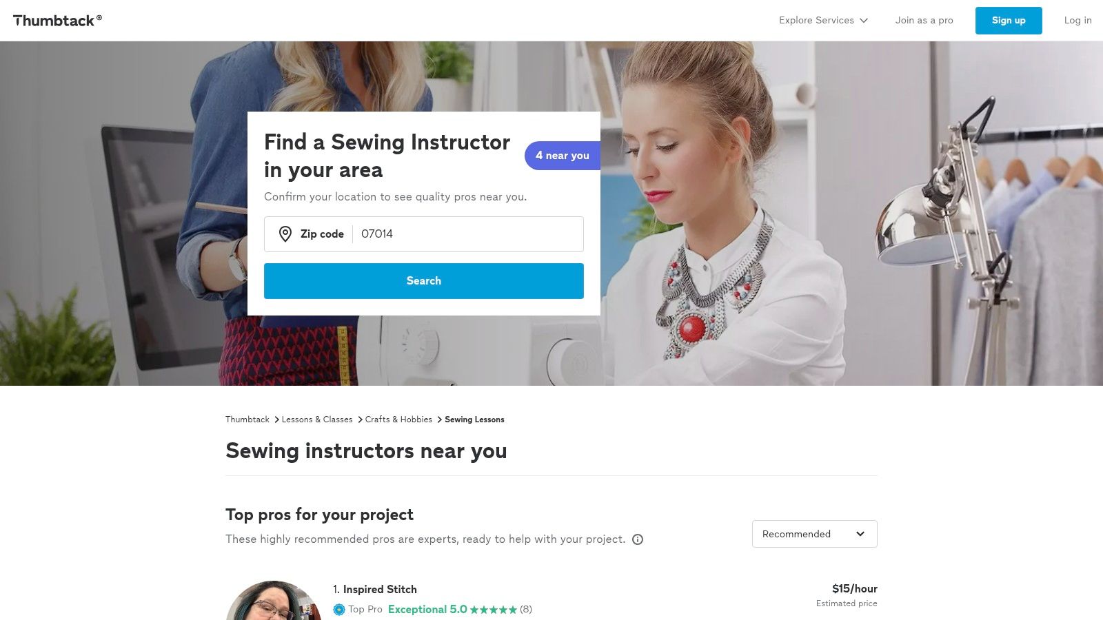 An experienced sewing instructor guiding a student at a sewing machine, illustrating personalized lessons.