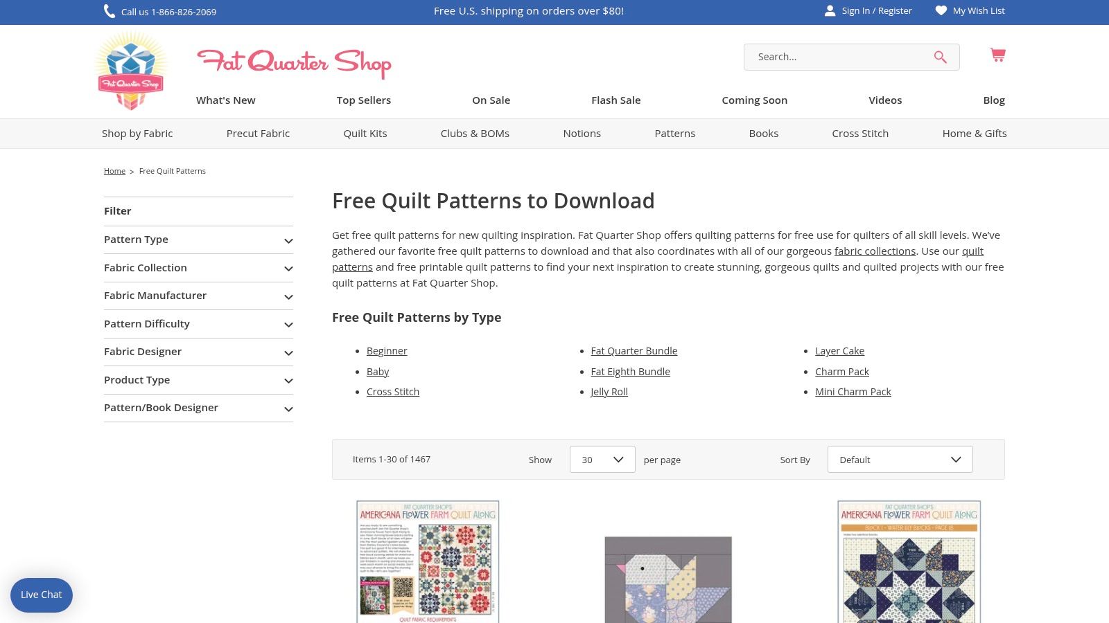 A collage of colorful quilt blocks from the Fat Quarter Shop website