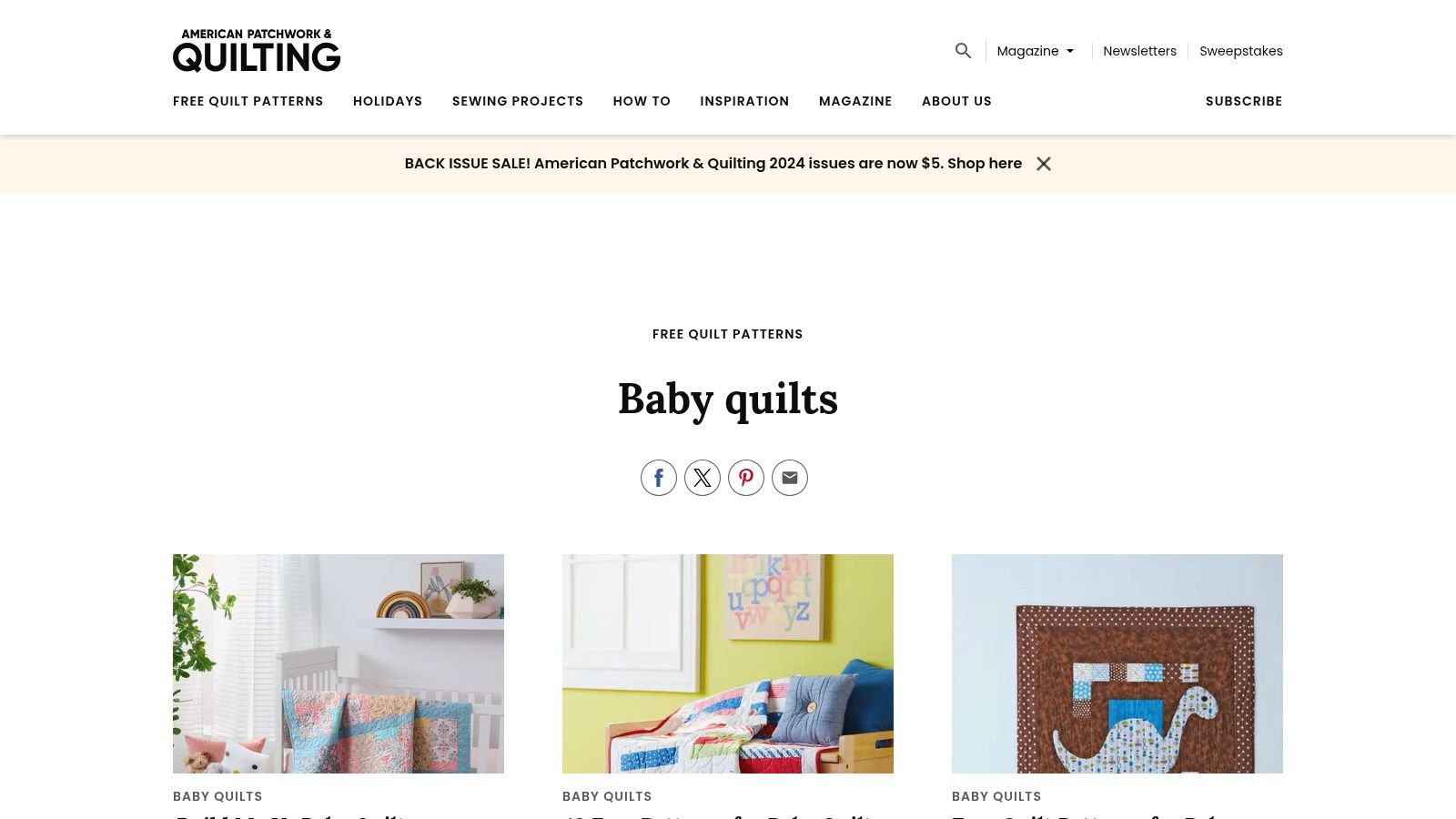 A screenshot of the AllPeopleQuilt website showing a colorful, modern baby quilt pattern with a list of materials needed.