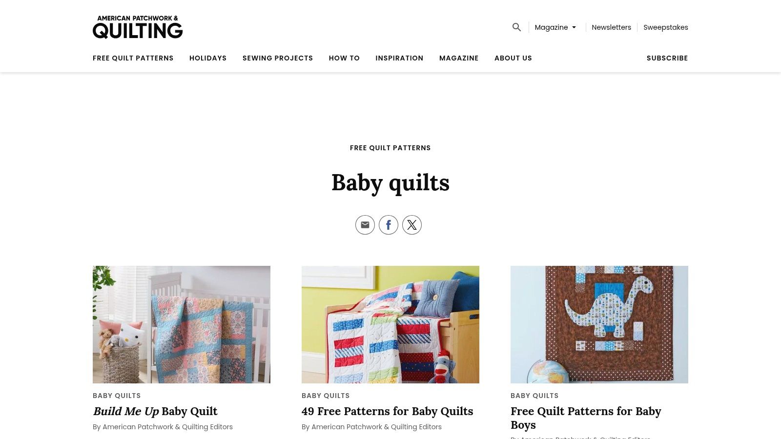 A screenshot of the AllPeopleQuilt website showing a gallery of beautiful baby quilt patterns.