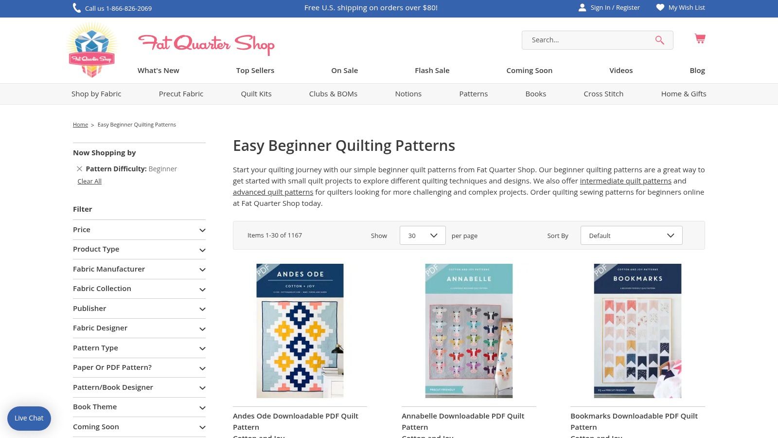A screenshot of the Fat Quarter Shop website showing a variety of quilt patterns and fabrics.