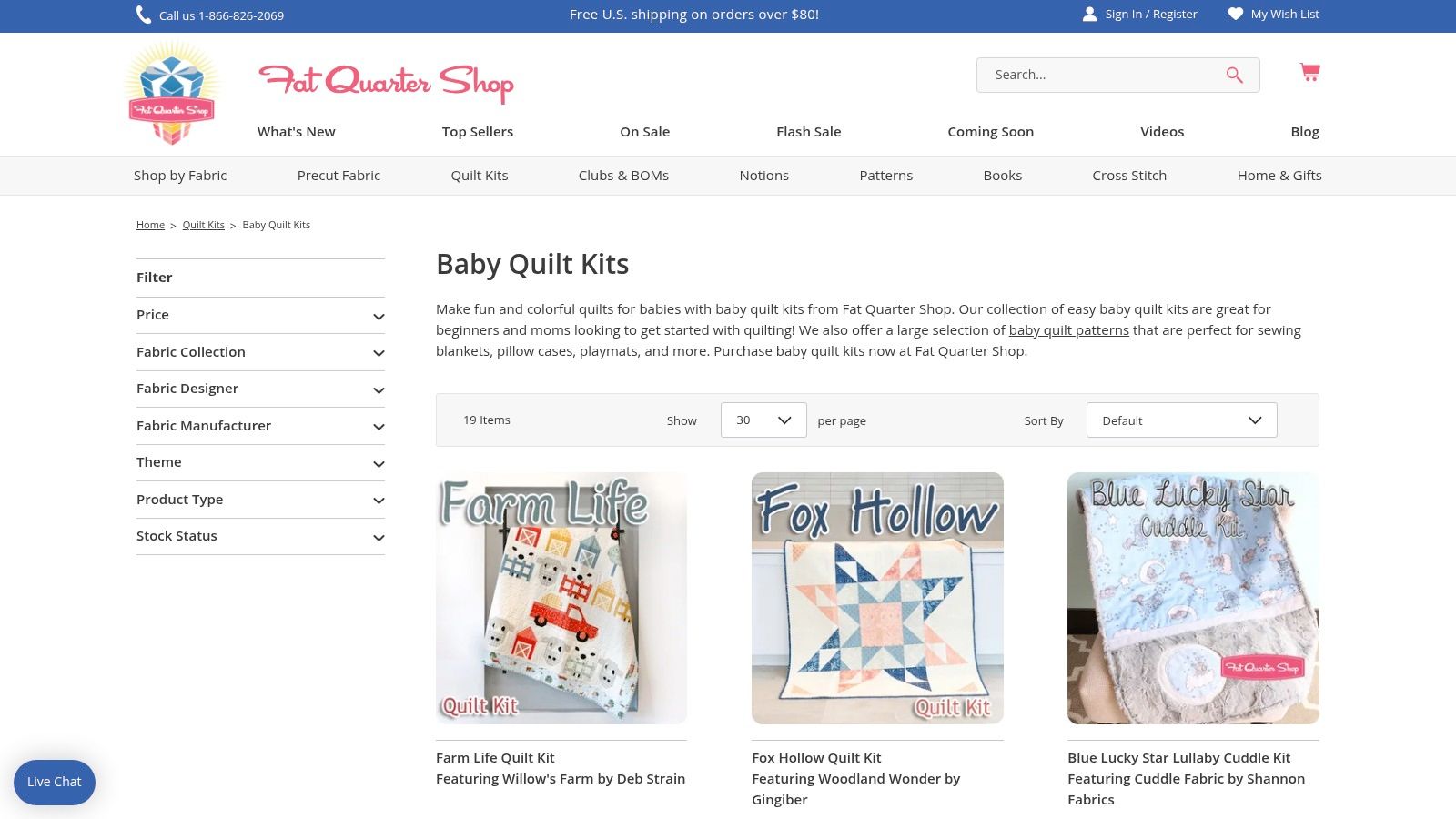 A screenshot of the Fat Quarter Shop website showcasing a variety of colorful baby quilt kits.