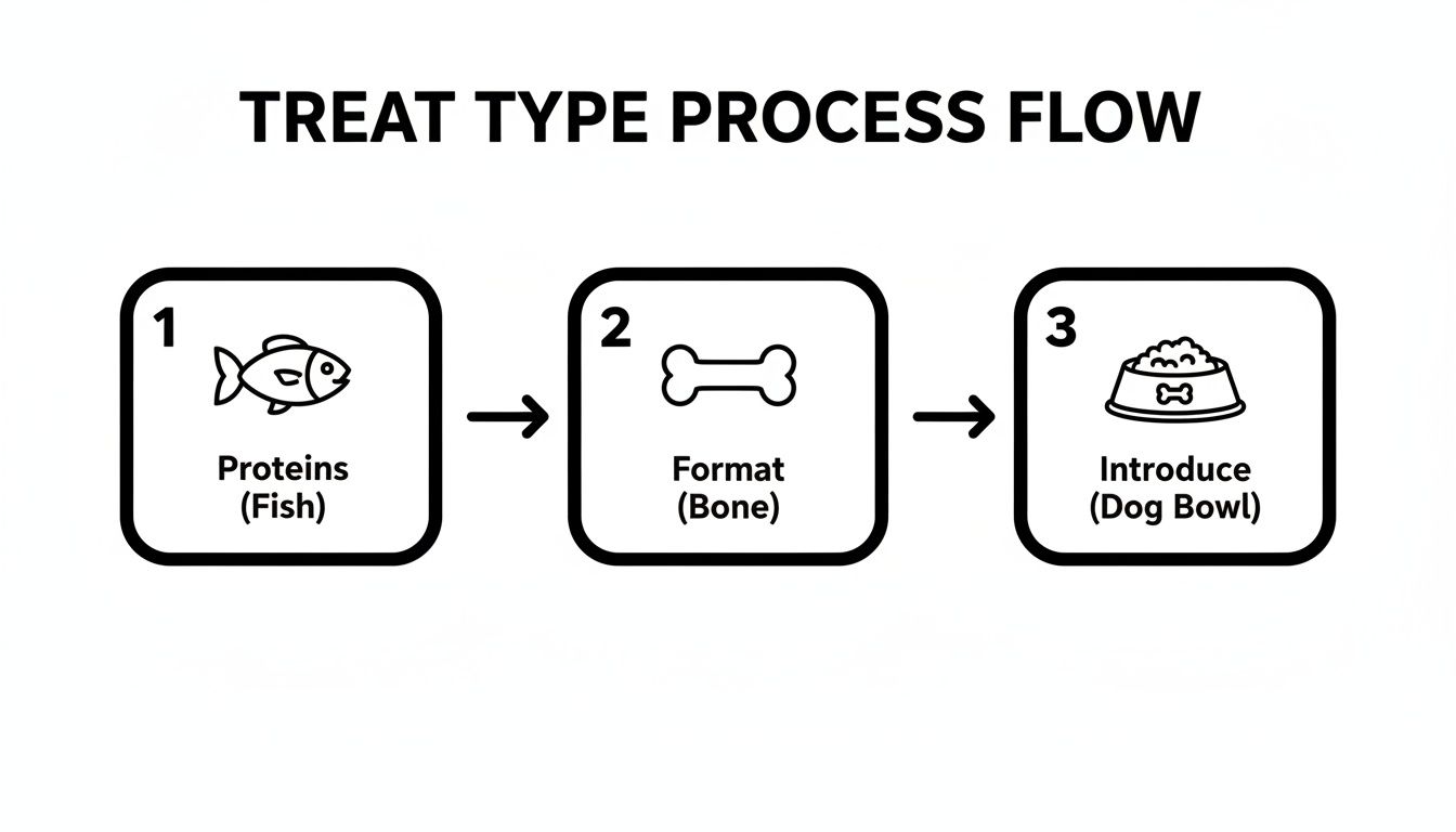 A treat type process flow diagram showing steps: proteins (fish), format (bone), and introduction (dog bowl).