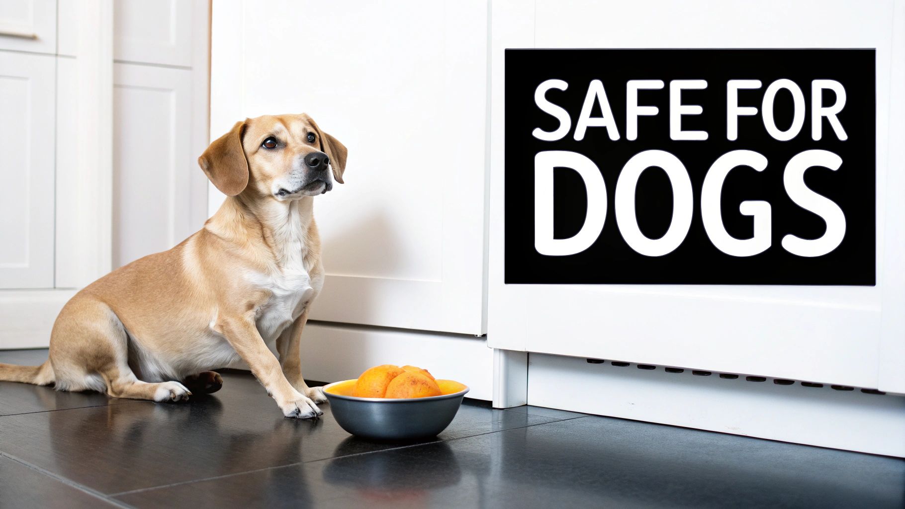 A happy dog sits patiently next to a bowl of orange food with a 'SAFE FOR DOGS' sign.