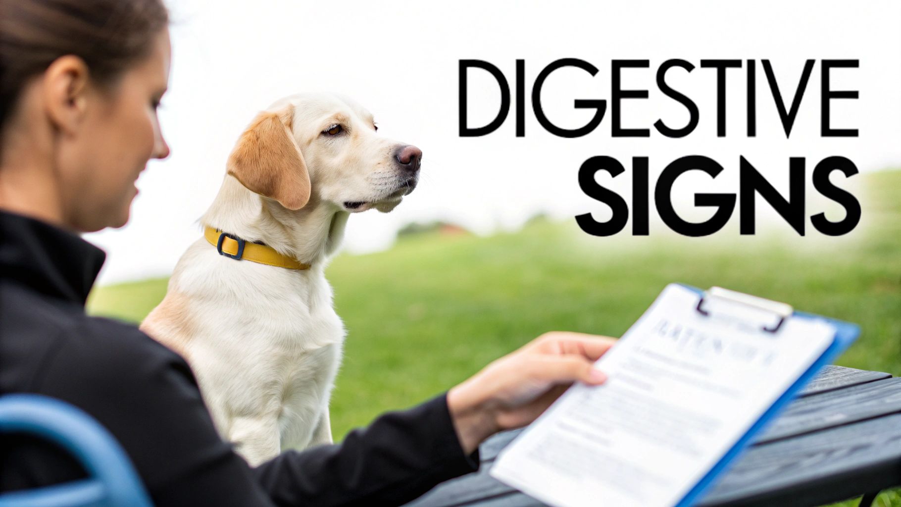 Veterinarian examining yellow labrador dog with clipboard discussing digestive health signs and symptoms