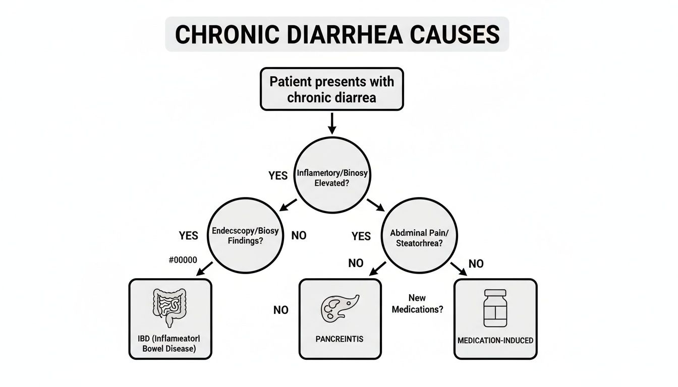 A flowchart detailing diagnostic pathways for chronic diarrhea, showing potential causes like IBD, pancreatitis, and medication-induced.