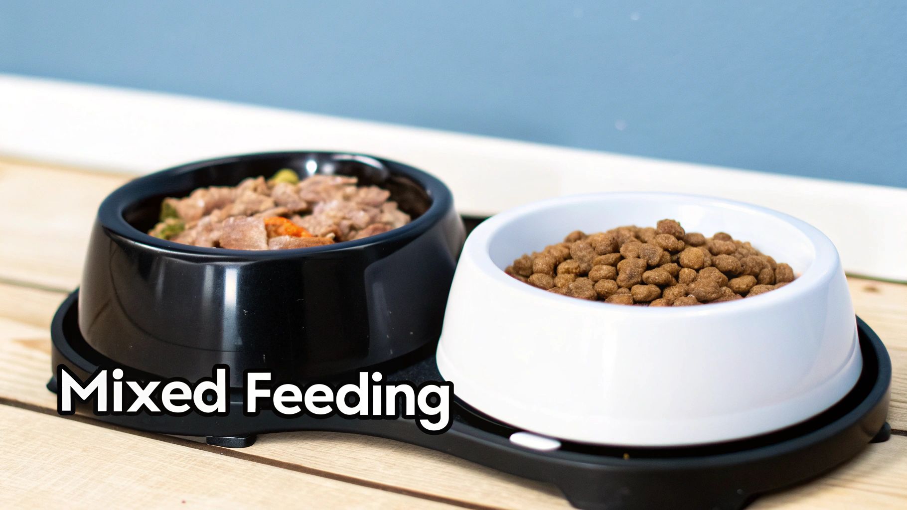 A black bowl with wet pet food and a white bowl with dry kibble on a mat, labeled 'Mixed Feeding'.