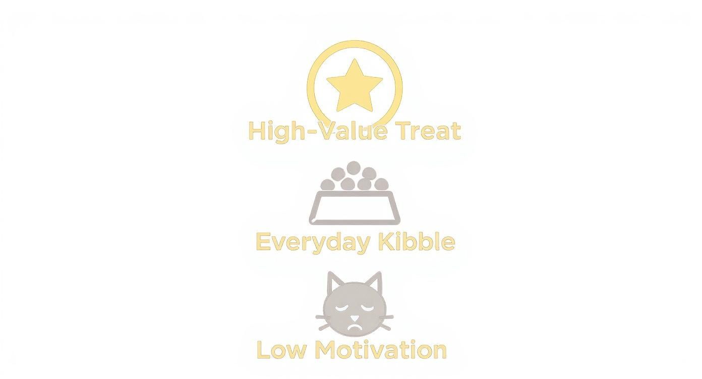 Infographic showing that high-value treats are more motivating for cats than everyday kibble.