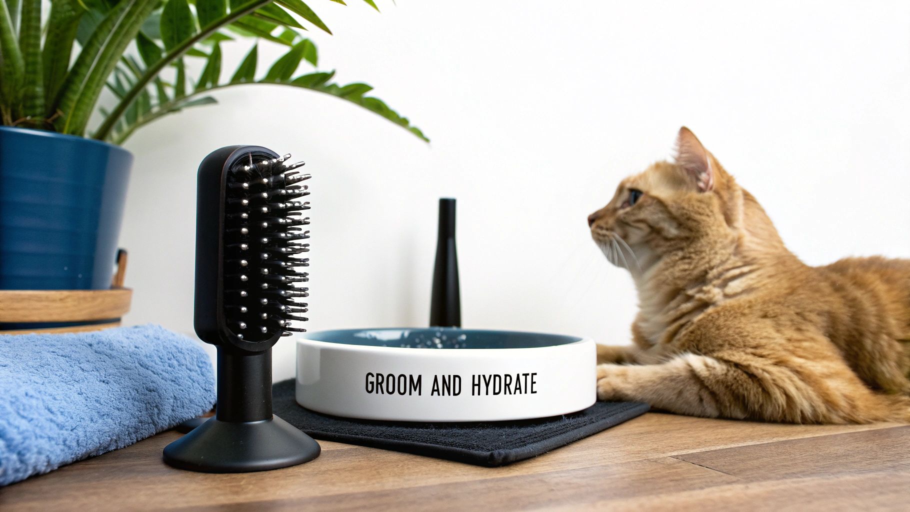 A ginger cat lies next to a black pet grooming brush and a 'GROOM AND HYDRATE' water bowl.