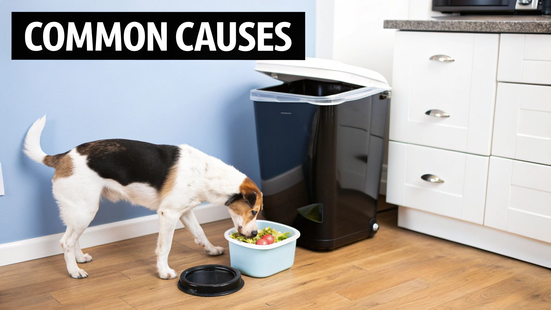 A dog eating salad from a light blue bowl on a wooden kitchen floor, next to a trash can.