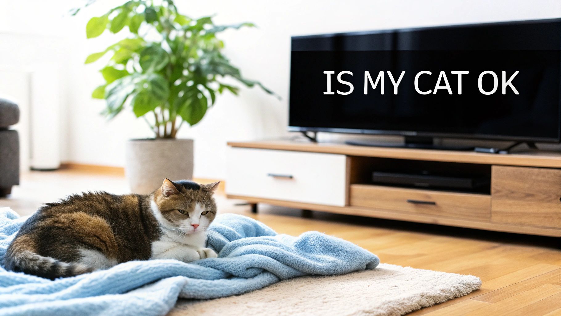 A domestic short-haired cat rests on a blue blanket in a living room, with a TV screen displaying 'IS MY CAT OK' in the background.