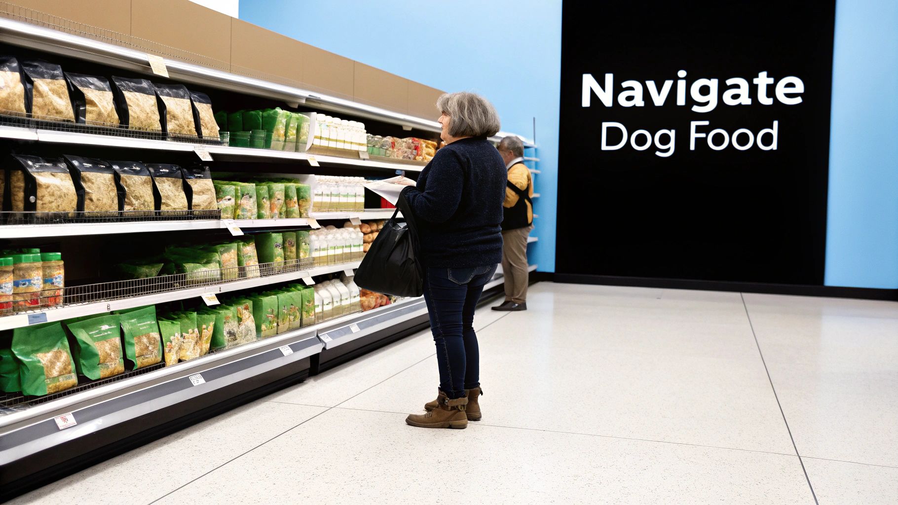 A person shopping for dog food in a pet store aisle