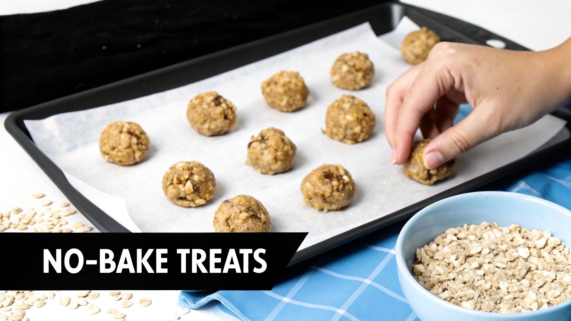 A close-up of handmade peanut butter pumpkin dog treats rolled into balls.