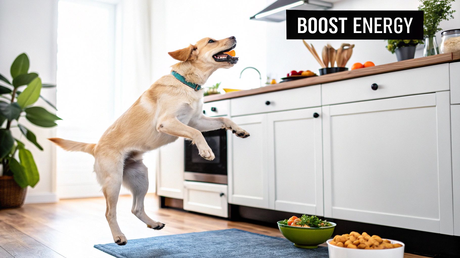 A happy dog catching a high protein dog treat in its mouth.