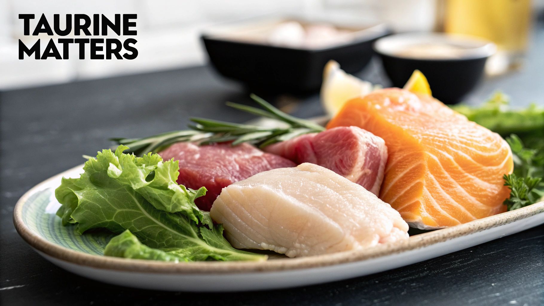 A bowl of cat food with real meat pieces next to fresh ingredients like fish and chicken